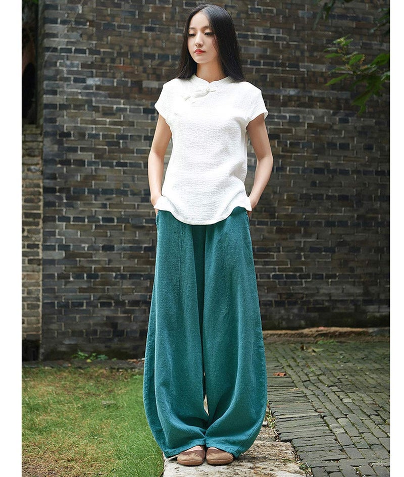 IXIMO Women's Casual Cotton Linen Baggy Pants with Elastic Waist Relax Fit Lantern Trousers Blue M - Image 3